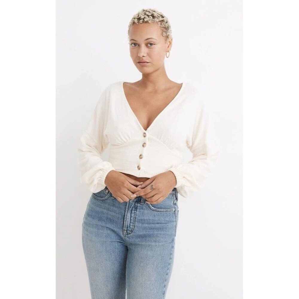 Madewell Ivory Button Front Crop Top V Neck Balloon Sleeve Romantic Blouse